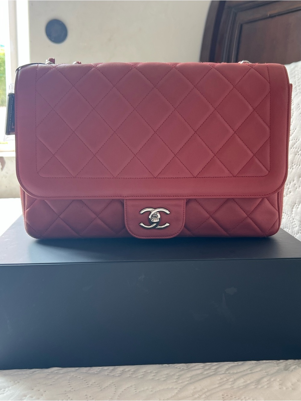 CHANEL Quilted Shoulder Flap Bag in Rose Red
